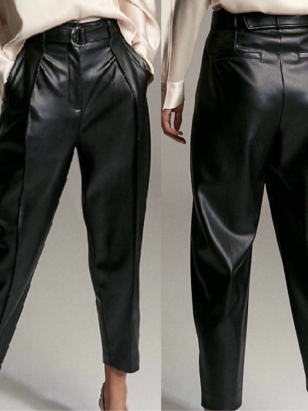 Babaton Black Vegan Leather Cropped Tapered Pants with belt - Picture 2 of 7